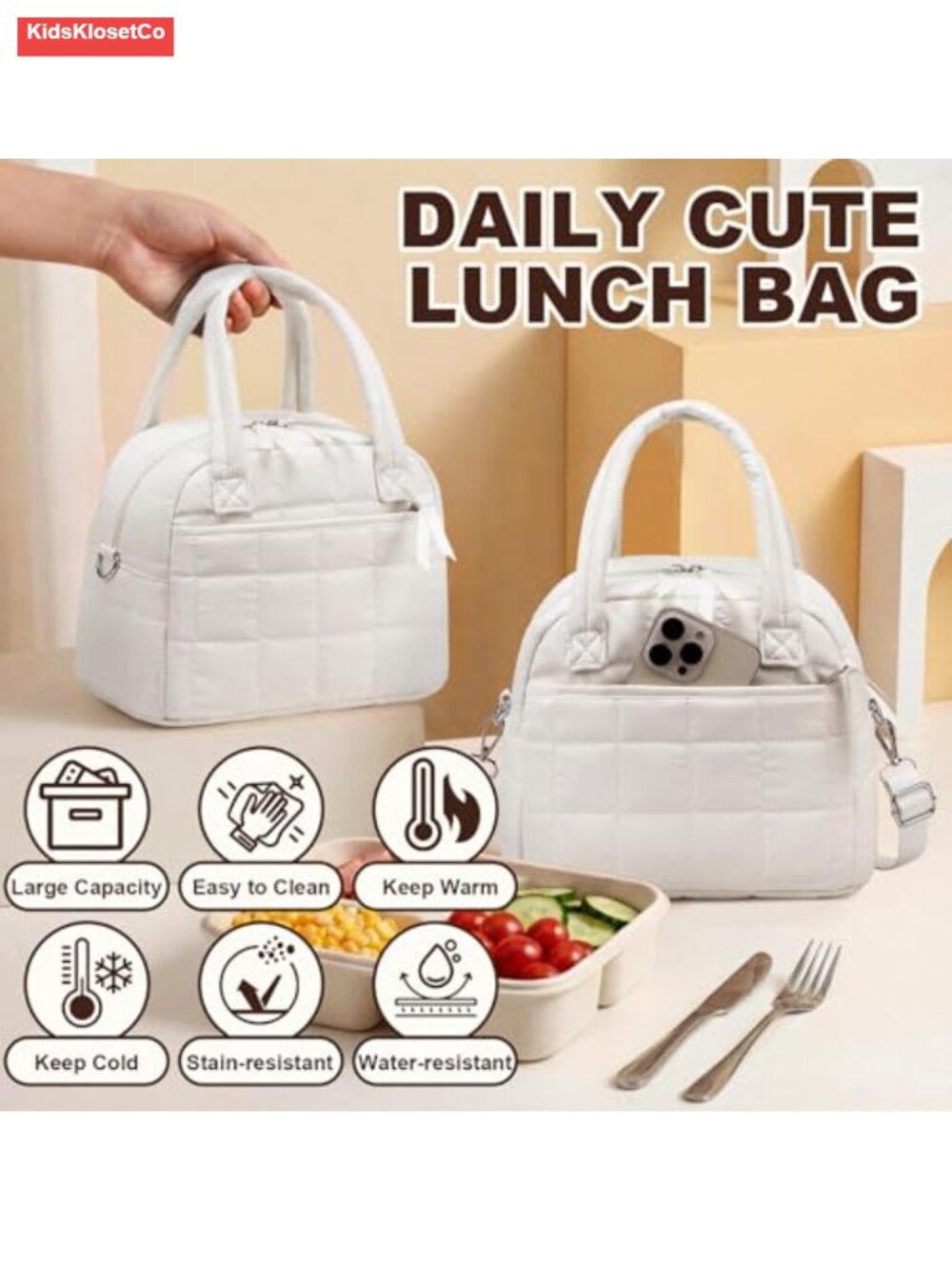 Quilted Insulated Lunch Bag Water-Resistant Puffy Tote Adjustable Strap - Picture 4 of 6